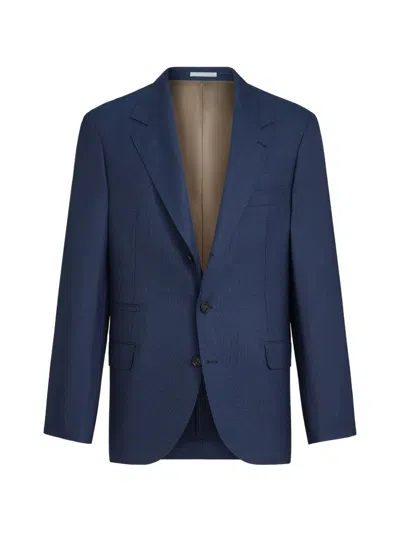 Brunello Cucinelli Super 150s Virgin-wool Prince Of Wales Jacket In Blue