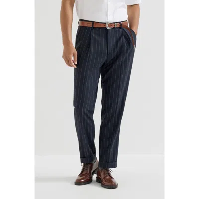Brunello Cucinelli Super 150s Virgin Wool Wide Chalk Stripe Batavia Trousers With Pleat In Blue