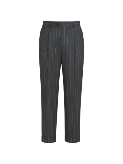 Brunello Cucinelli Super 150s Virgin Wool Wide Chalk Stripe Batavia Trousers With Pleat In Gray
