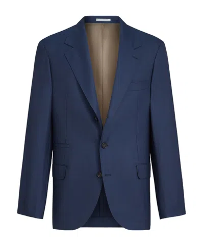 Brunello Cucinelli Super 150s Virgin-wool Prince Of Wales Jacket In Blue