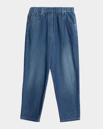 Brunello Cucinelli Super Lightweight Denim Tapered-leg Ankle Jeans In Blue