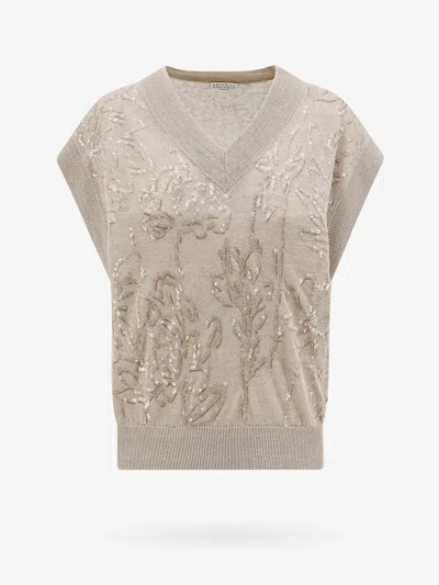 Brunello Cucinelli Women's Linen Sweater With Dazzling Flower Embroidery In Beige