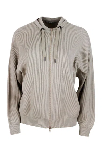 Brunello Cucinelli Crochet Cardigan With Zip And Drawstring In Beige