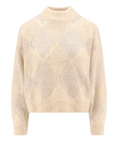 Brunello Cucinelli Sequin-embellished Argyle Wool And Mohair-blend Turtleneck Sweater In Nude