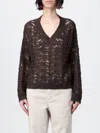 Brunello Cucinelli Dazzling Brown Round Neck Sweater With Open Stitch And Beaded Decorations In Linen Blend Woman In Kakao