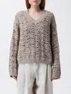 Brunello Cucinelli Beige Sweater With V Neck And Perforated Details In Linen Blend Woman In Ecru