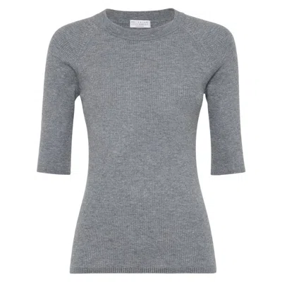 Brunello Cucinelli Women Lurex Ribbed Sweater In Gray