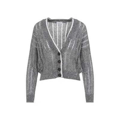 Brunello Cucinelli Linen Rhinestone Embellished Cardigan In Grey
