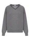 Brunello Cucinelli Knitted Cashmere V-neck Sweater With Ribbed Cuffs In Grey