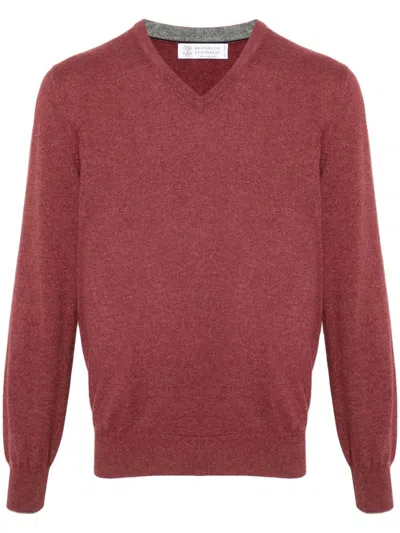 Brunello Cucinelli V-neck Cashmere Jumper In Red