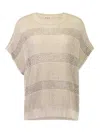 Brunello Cucinelli Openwork Knit Crewneck Top With Micro Sequins In Neutral