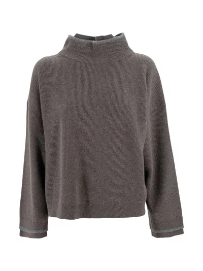 Brunello Cucinelli Sweater With A High Collar In Brown