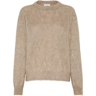 Brunello Cucinelli Jumper With Dazzling Argyle Embroidery In Beige