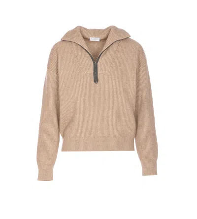 Brunello Cucinelli Sweater With Monile Detail In Nude