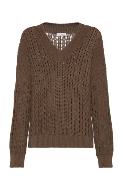 Brunello Cucinelli Sweater With Monili In Chocolate