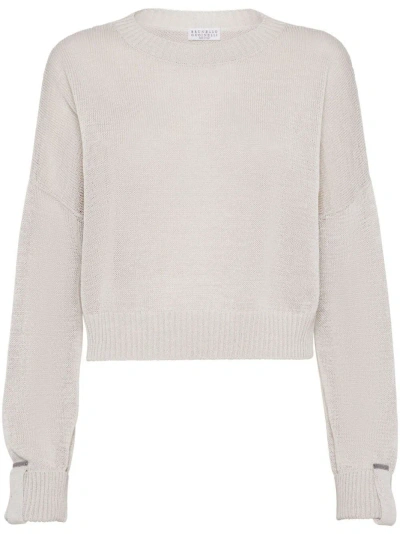 Brunello Cucinelli Women's Cotton Sweater With Shiny Details In Oat