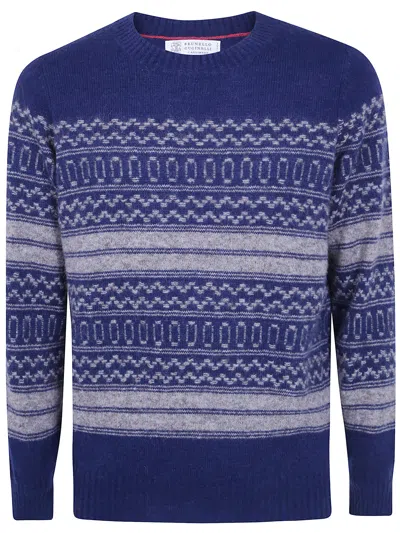Brunello Cucinelli Jumper Soft Texture Patterned Design Ribbed Cuffs Hem In Blue