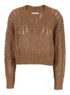 Brunello Cucinelli Brown Sweater With V-neck And Open Stitch In Linen And Silk Blend Woman