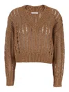 Brunello Cucinelli Brown Sweater With V-neck And Open Stitch In Linen And Silk Blend Woman