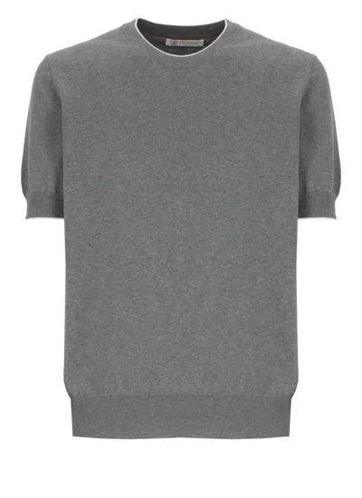 Brunello Cucinelli Ribbed-trim Short-sleeve Sweater In Gray