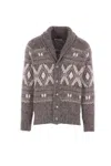 Brunello Cucinelli Wool Cardigan V-neck Geometric Pattern In Brown