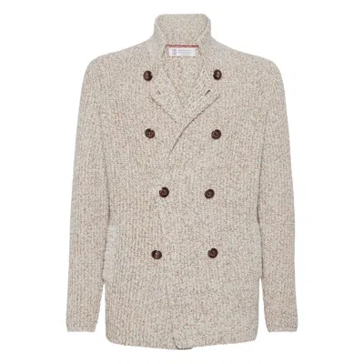 Brunello Cucinelli Textured Knit Double-breasted Jacket With High Collar In Neutral
