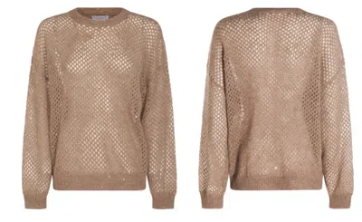 Brunello Cucinelli Beige Mohair Blend Dazzling Mesh Sweater In Brown