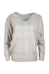 Brunello Cucinelli Lightweight V-neck Long-sleeved Oversized Sweater With Window Motif Embellished With Micro-sequins I In Avena