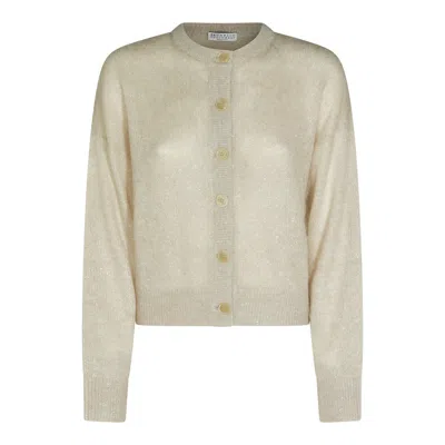Brunello Cucinelli Sparkling Mohair And Wool Cardigan With Monili In Neutral
