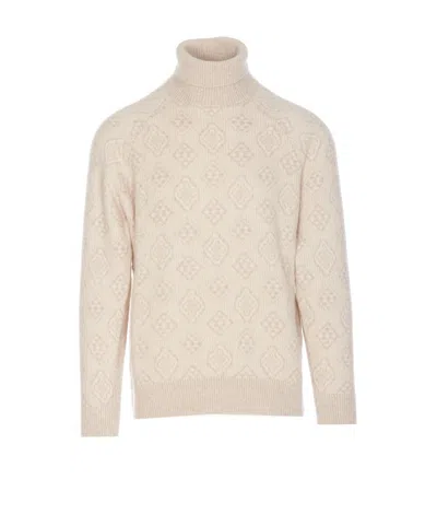 Brunello Cucinelli High Neck Geometric Pattern Sweater In Beige