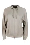 Brunello Cucinelli Crochet Cardigan With Zip And Drawstring In Beige
