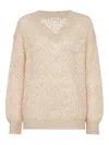 Brunello Cucinelli Deep V-neck Open Knit Sweater In Neutral