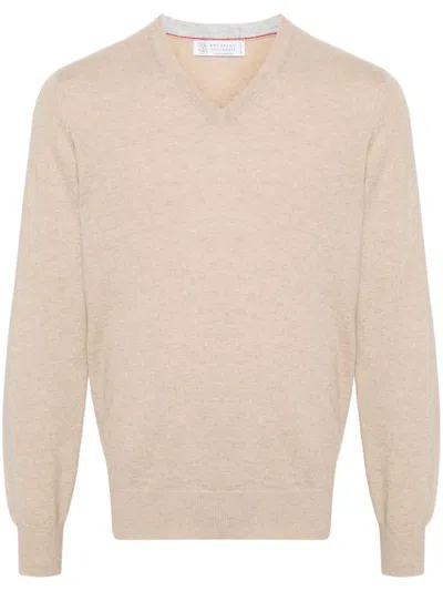 Brunello Cucinelli V-neck Cashmere Jumper In Neutrals