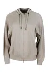 Brunello Cucinelli Crochet Cardigan With Zip And Drawstring In Beige