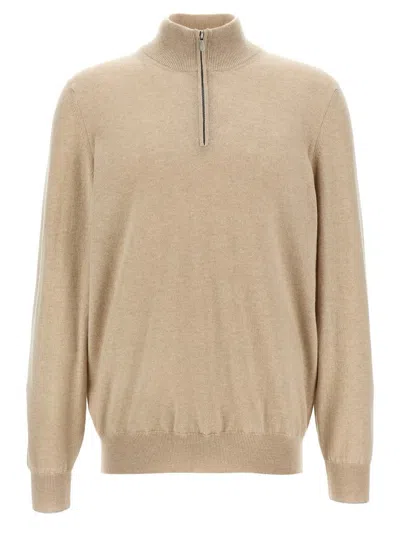 Brunello Cucinelli Half Zip Cashmere Turtleneck Sweater In Beige,brown