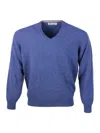 Brunello Cucinelli 100% Cashmere V-neck Sweater With Contrasting Profile In Blu - Grey