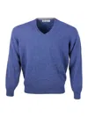 Brunello Cucinelli 100% Cashmere V-neck Sweater With Contrasting Profile In Blu - Grey