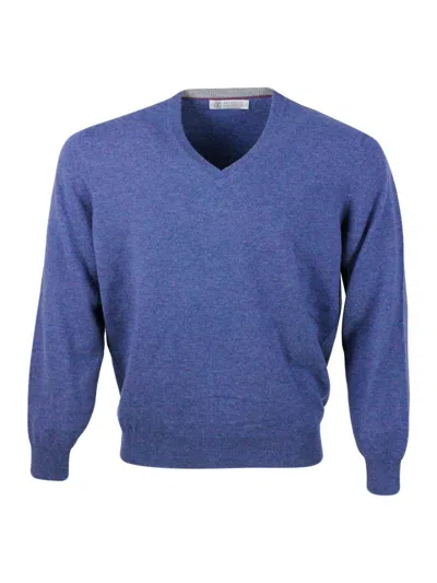 Brunello Cucinelli 100% Cashmere V-neck Sweater With Contrasting Profile In Blu - Grey