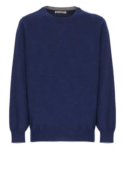 Brunello Cucinelli Relaxed Fit Blue Cashmere Sweater In Black