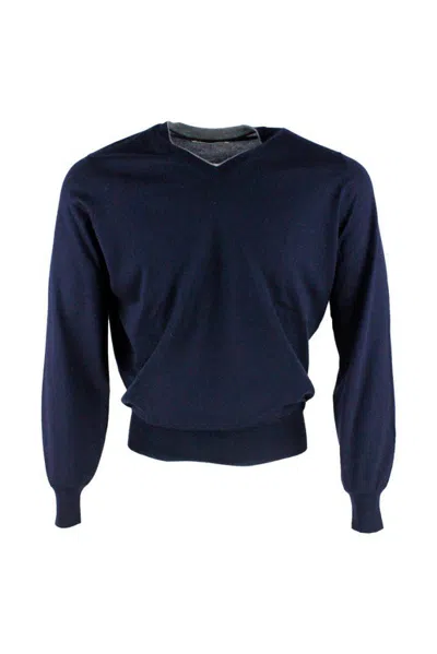 Brunello Cucinelli Cashmere And Silk High V-neck Sweater In Blue
