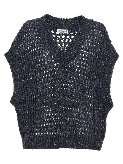 Brunello Cucinelli V-neck Net Knitted Vest In Blue