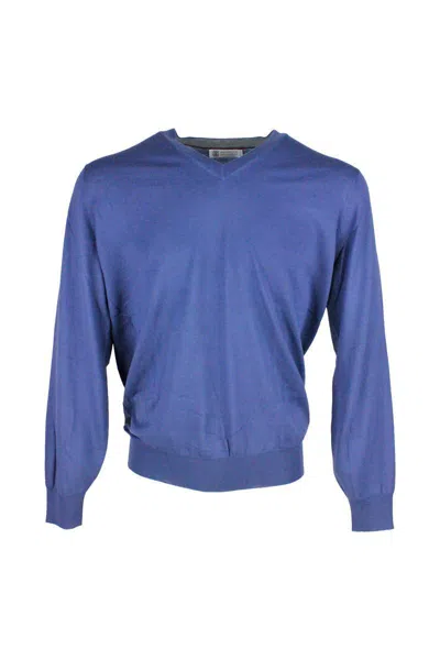 Brunello Cucinelli Long-sleeved V-neck Sweater In Blue