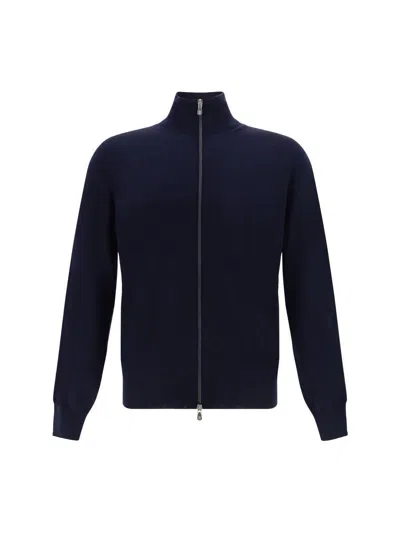 Brunello Cucinelli High Neck Ribbed Wool Cardigan In Blue