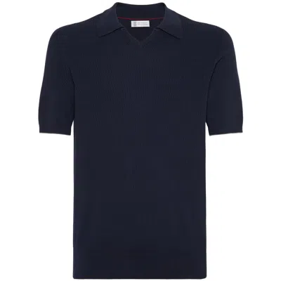 Brunello Cucinelli Ribbed-knit Cotton Polo Sweater In Blue