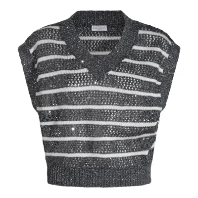 Brunello Cucinelli Sequin-embellished Striped Open-knit Linen-blend Vest In Gray