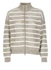 Brunello Cucinelli Beige Cardigan With High Neck And All-over Striped Motif In Linen Blend Woman In Brown