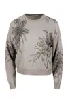 Brunello Cucinelli Long-sleeved Round-neck Wool, Silk And Cashmere Sweater With Flower Print Embellished With Lurex In Brown