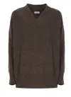 Brunello Cucinelli Sequin Embellished V-neck Cashmere Silk Sweater In Brown