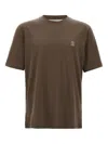 Brunello Cucinelli Printed Logo Crew Neck T-shirt With Side Slits In Brown