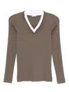 Brunello Cucinelli Ribbed V-neck Embellished T-shirt In Brown
